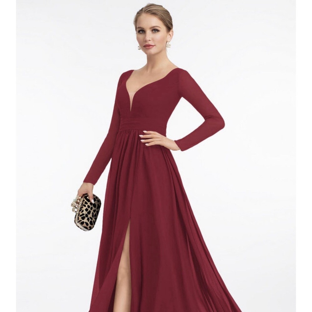 NEW JJ's House‎ A-Line Pleated Long Chiffon Formal Dress Large 214084 Burgundy